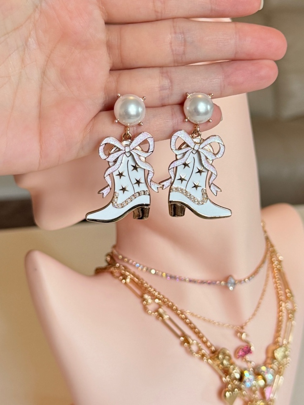 Pearl Top Blue Cowboy Boot Drop Earrings - Women Jewelry - Picture 9 of 13